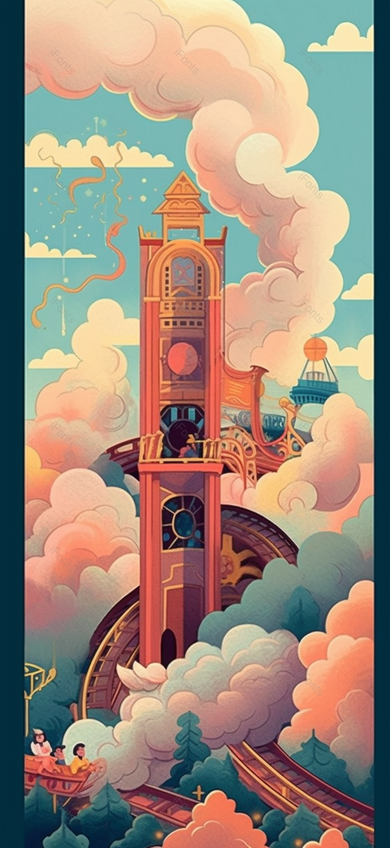 橙色云彩六一儿童节自然天空云层梦幻童话游乐场过山车多彩插画,插画/手绘图,插画/手绘图库,插画/手绘图下载,插画/手绘